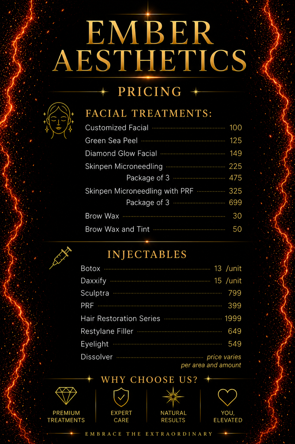 Ember Aesthetics Med Spa pricing guide listing facial treatments and injectables.